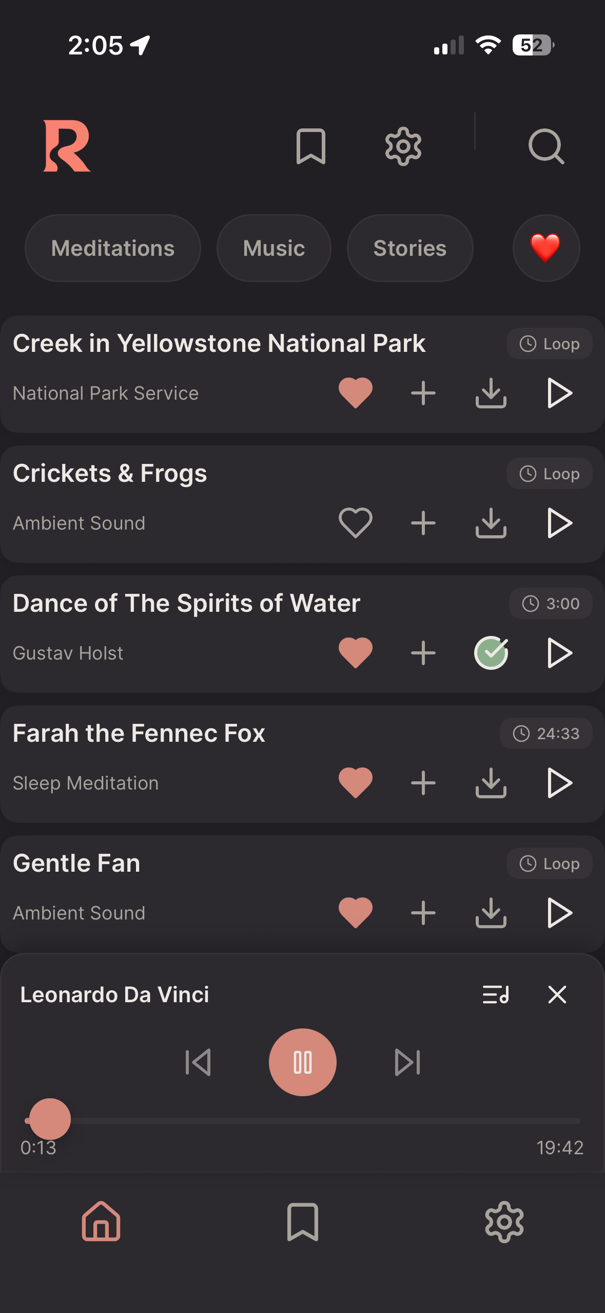 River Sleep app home screen with meditations, music, and stories