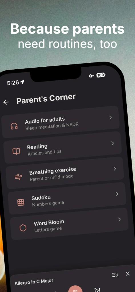 Parent's Corner: audio for adults, reading, breathing exercises, and games