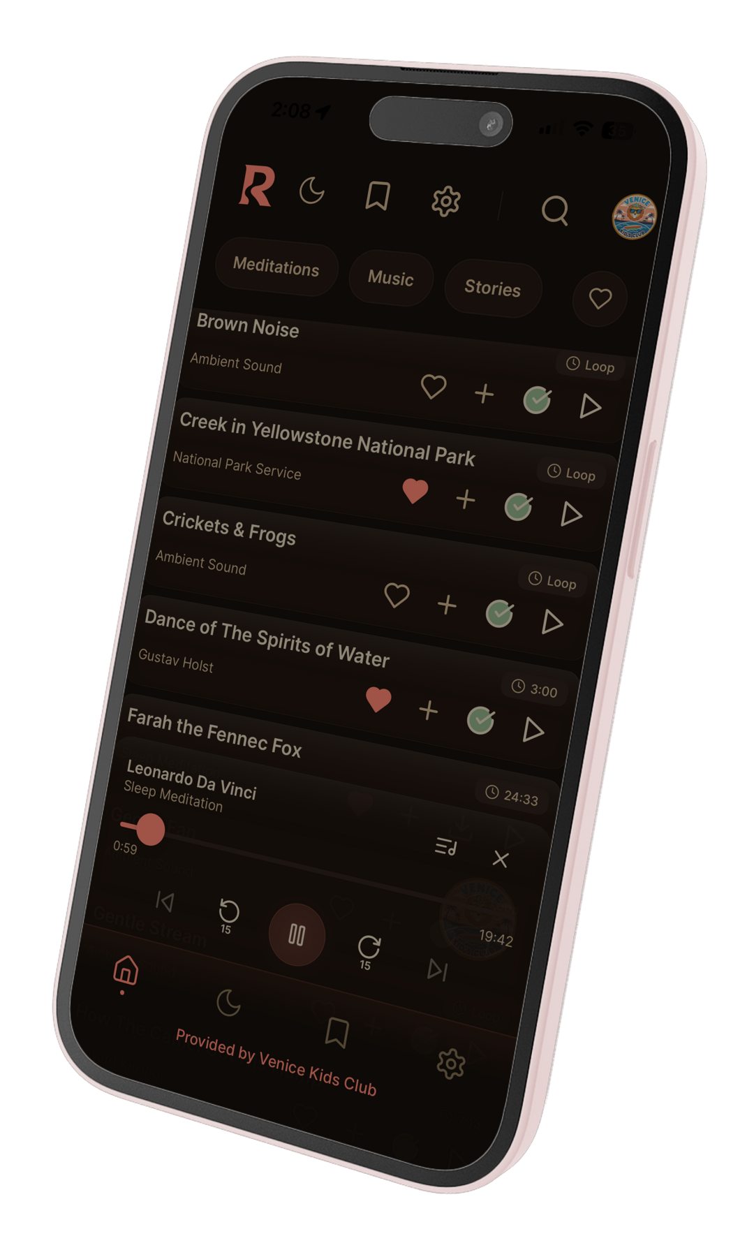 River Sleep main app screen showing partner organization logo and branded playlists