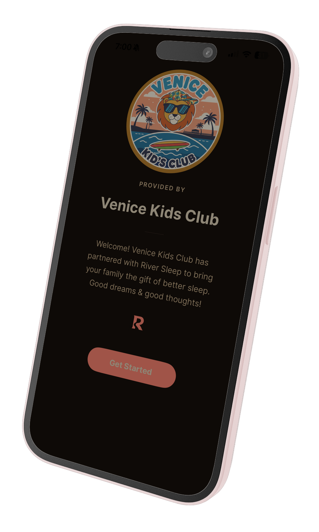 Family onboarding welcome screen featuring partner organization branding