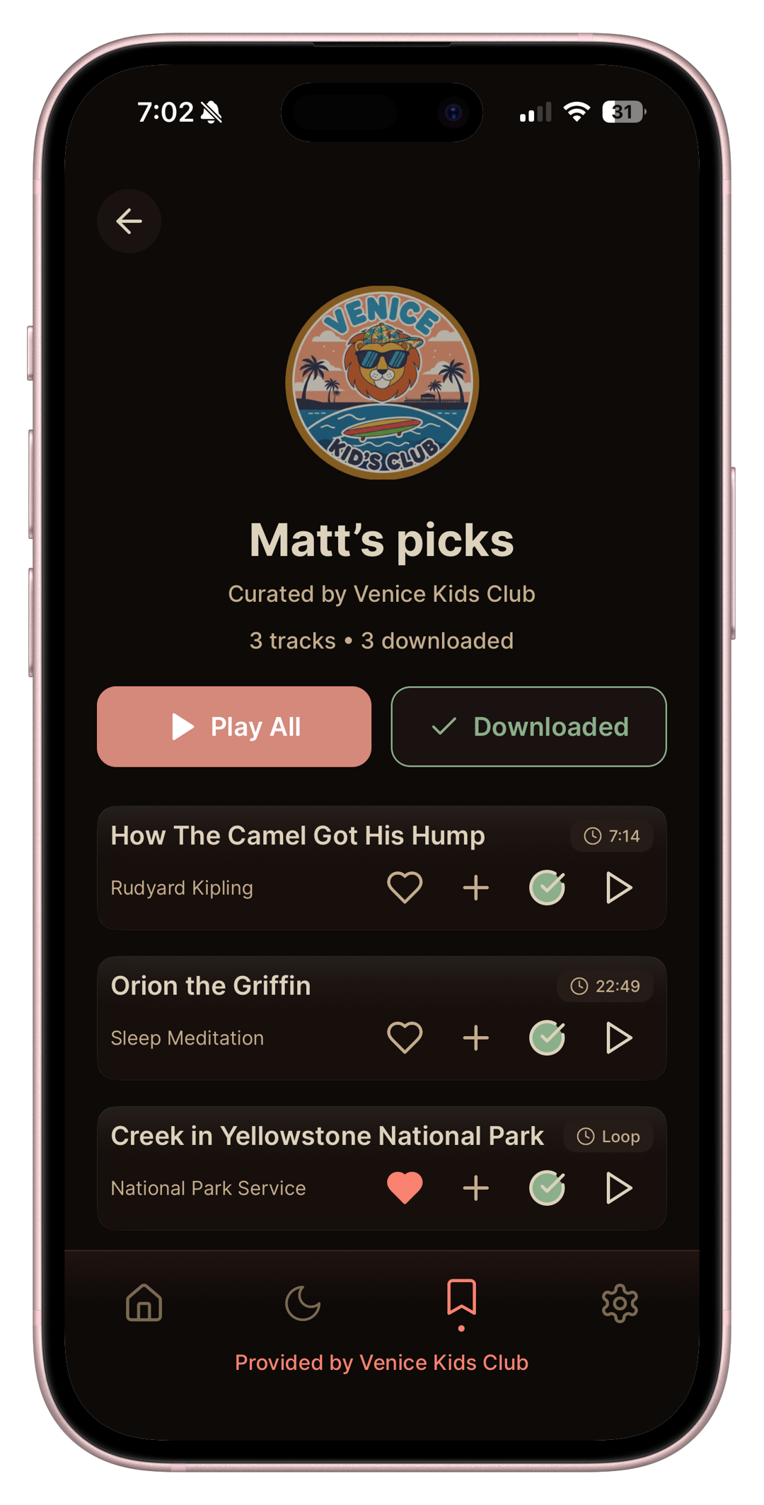 Playlist detail screen showing partner-curated content with organization branding