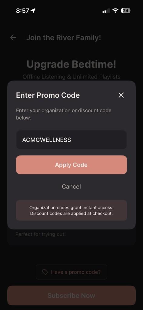 Organization code entered on promo or subscribe screen